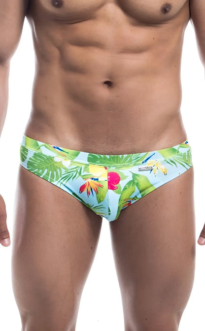 Oceanico swim bikini vibrant tropical print swim trunks in light blue green and pink with bold leaf and flower pattern