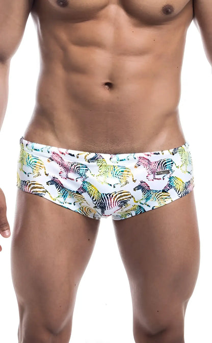 Oceanico swim brief featuring vibrant rainbow zebra pattern on white base designed for stylish swimwear use