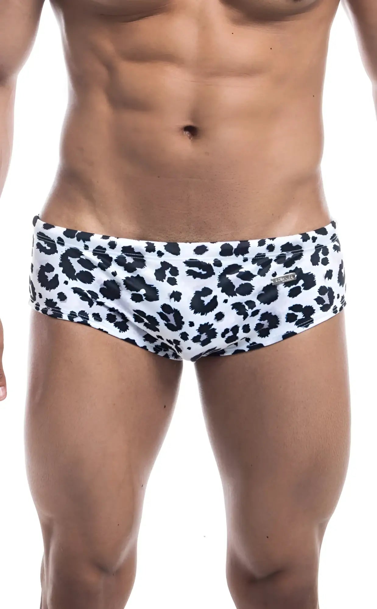 Oceanico swim brief in white with black leopard print pattern designed as swim trunks for beachwear