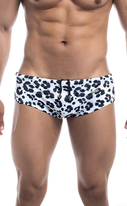 Oceanico swim brief in white swim trunks with black leopard print pattern for stylish beachwear