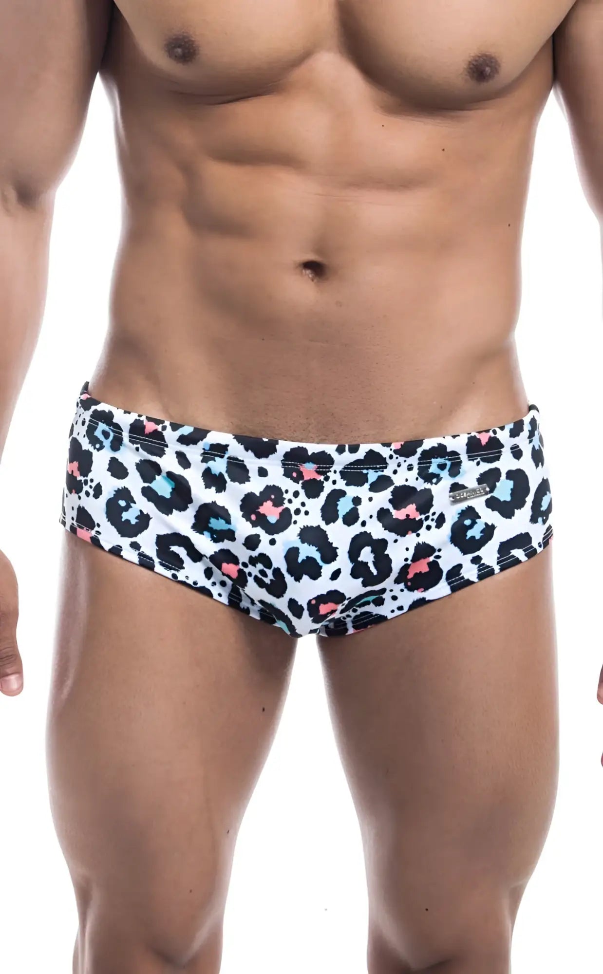 Oceanico swim brief white swim trunks with bold leopard print black spots and pink light blue accents