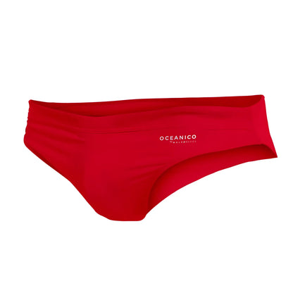 Red oceanico women’s swim briefs with sleek form-fitting design and subtle white branding for swimwear use