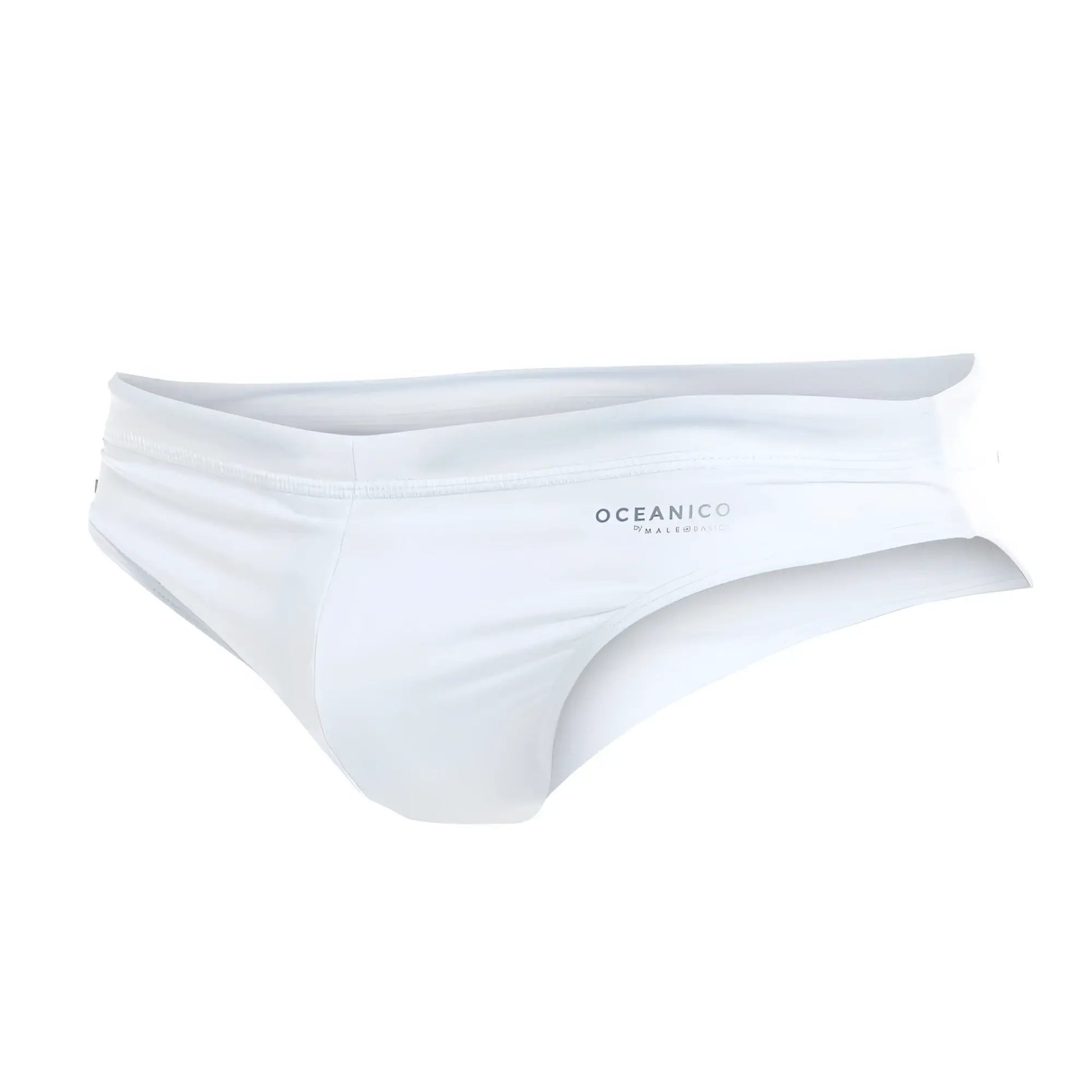 White oceanico swim briefs with sleek form fitting design and subtle brand logo on waistband for men