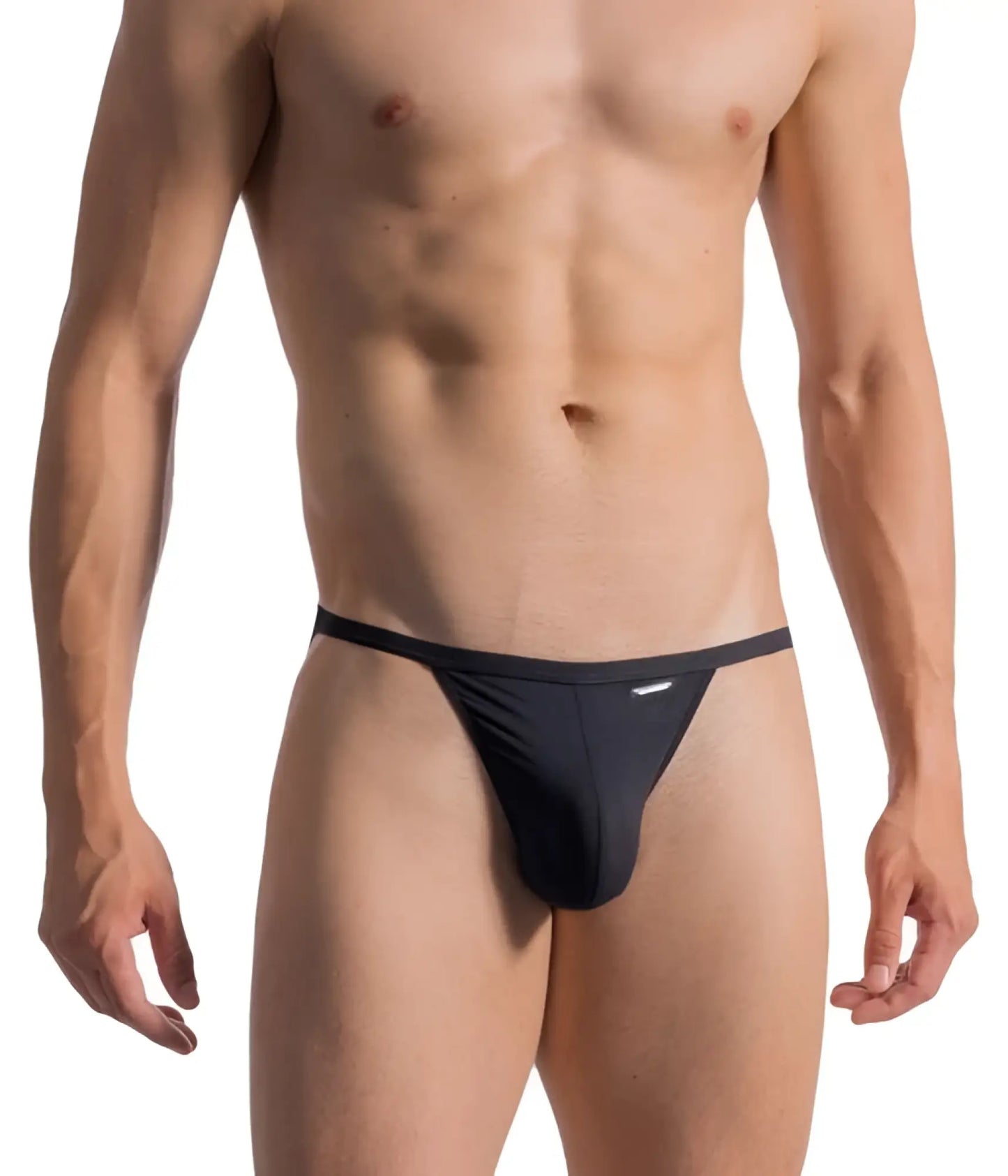 Black form-fitting thong olaf benz 0965 riotanga with sleek minimalist design and subtle waistband branding shown from the back