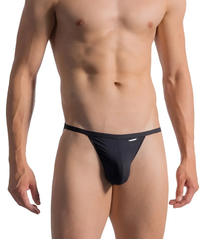Black form-fitting thong olaf benz 0965 riotanga with sleek minimalist design and subtle waistband branding shown from the back