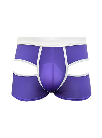 Purple men’s open back trunk briefs with white trim and cut-out design showing the back side