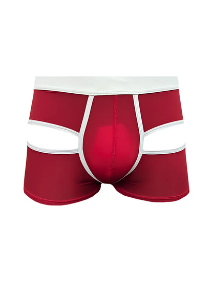 Open back trunk red and white cut-out boxer briefs with sleek modern design for comfortable everyday wear