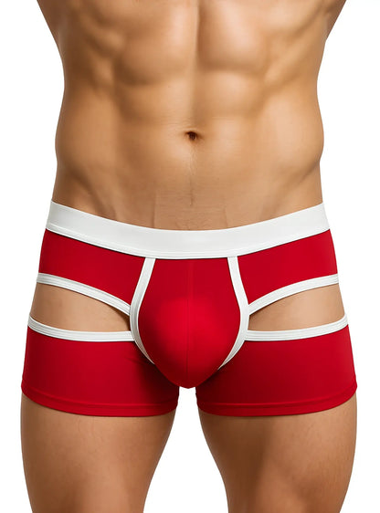 Open back trunk red and white striped cut-out briefs with bold modern design showing the back side