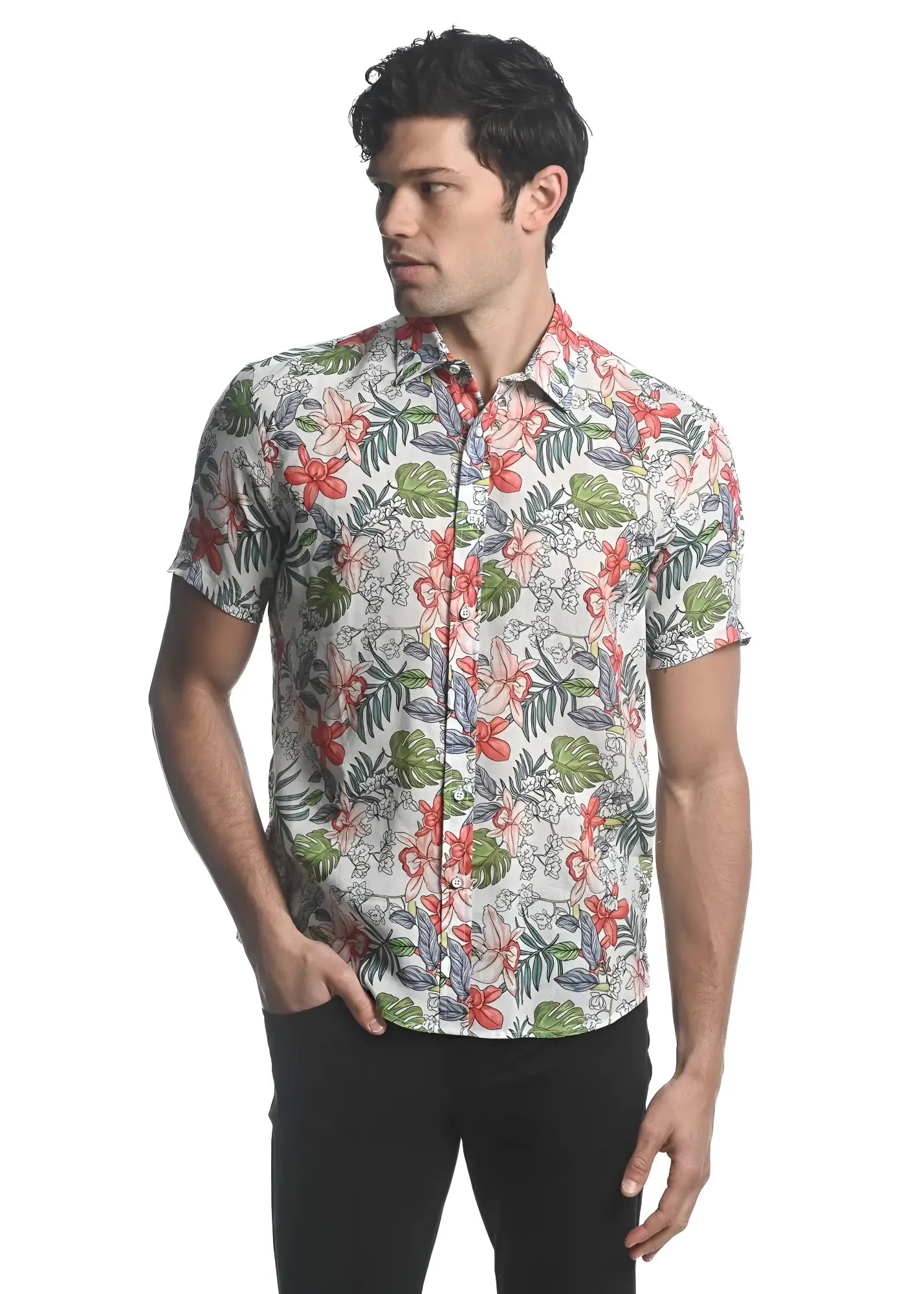 A man wearing an orchids tencel linen short-sleeved woven shirt with red green and gray tropical floral pattern on beige