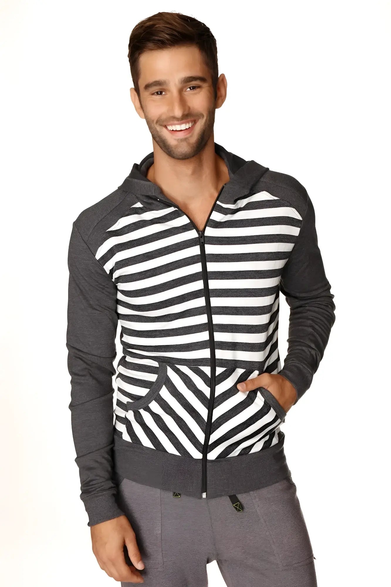 Original Limited Edition men’s charcoal stripe form-fit crossover yoga track fleece hoodie with black and white stripes