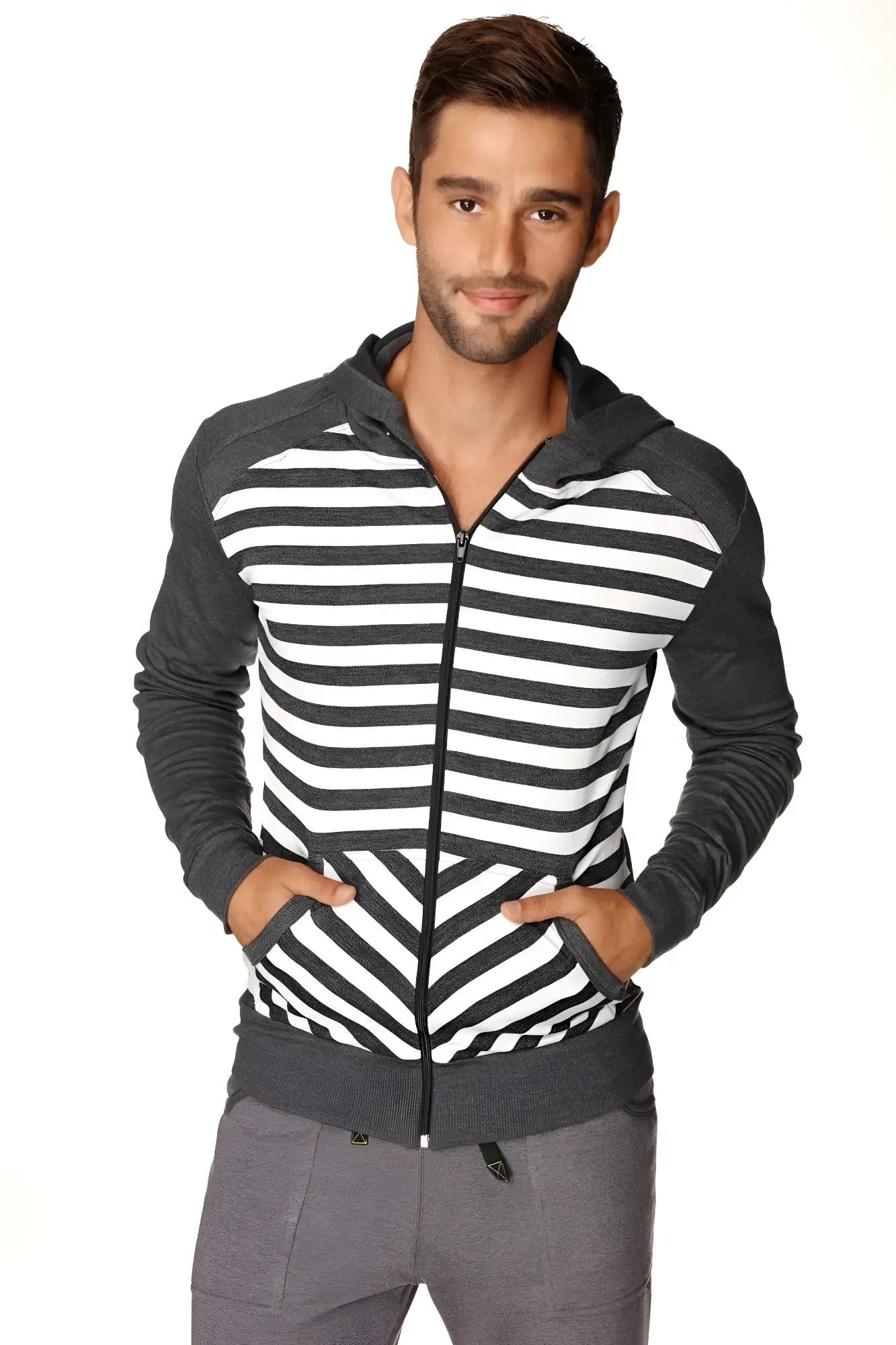 Men’s form-fit crossover yoga track fleece hoodie charcoal stripe with black and white torso stripes and dark gray sleeves