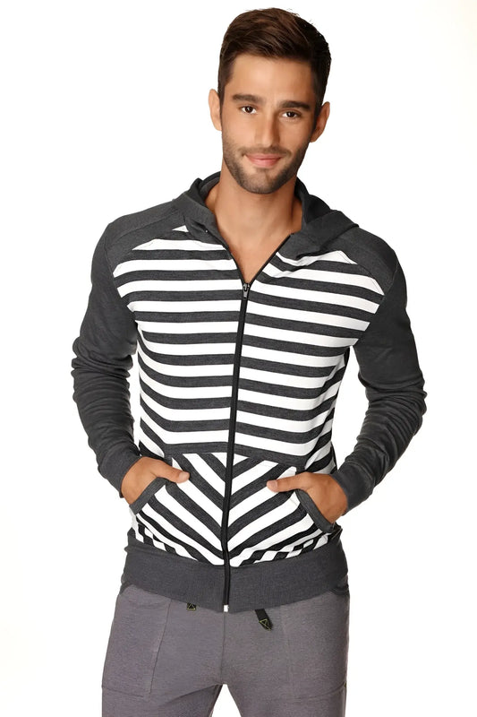 Men’s form-fit crossover yoga track fleece hoodie charcoal stripe with black and white torso stripes and dark gray sleeves