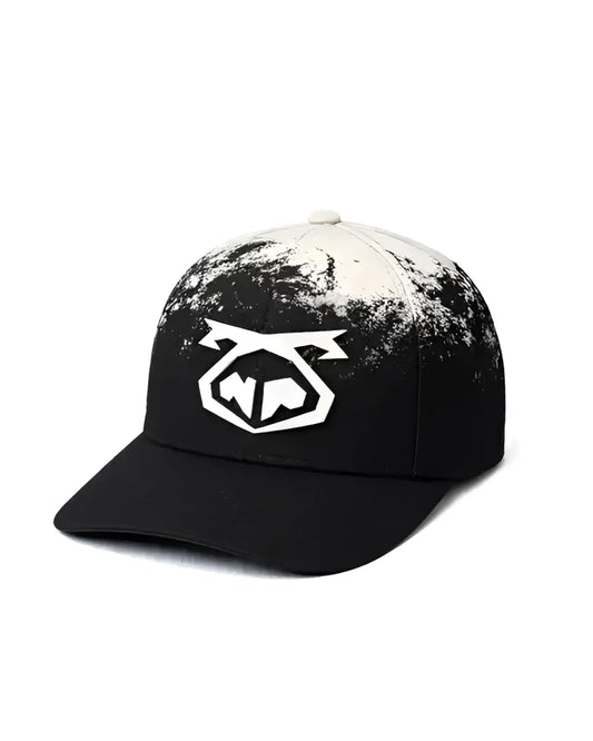 Oxidize snout cap black baseball cap with white splatter paint effect and bold geometric logo on front