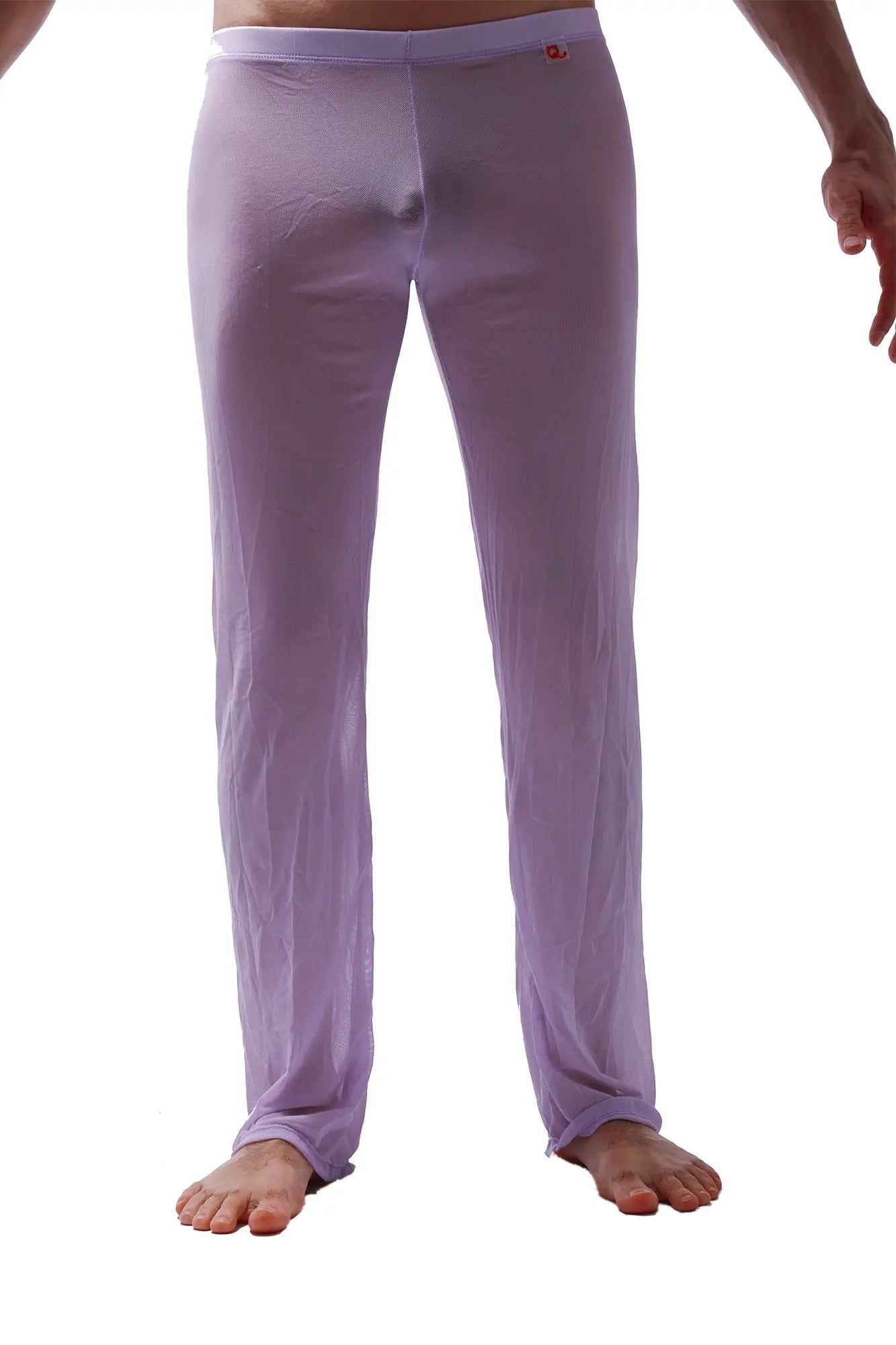Purple sheer form-fitting men’s lounge pants with snug waistband and ankle cuffs in pants net lilac style