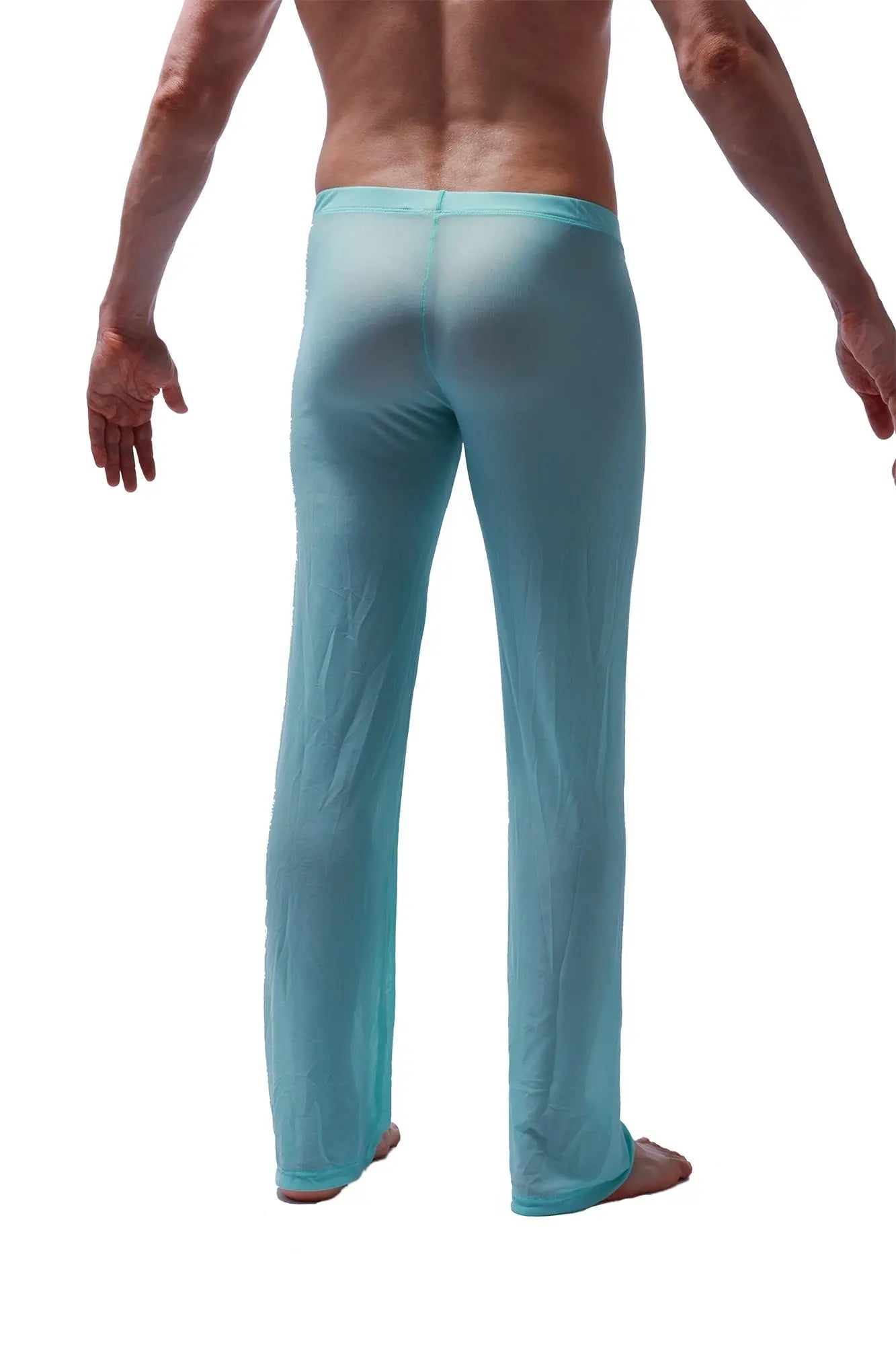 Light blue sheer men’s lounge pants made of lightweight fabric for comfortable casual wear