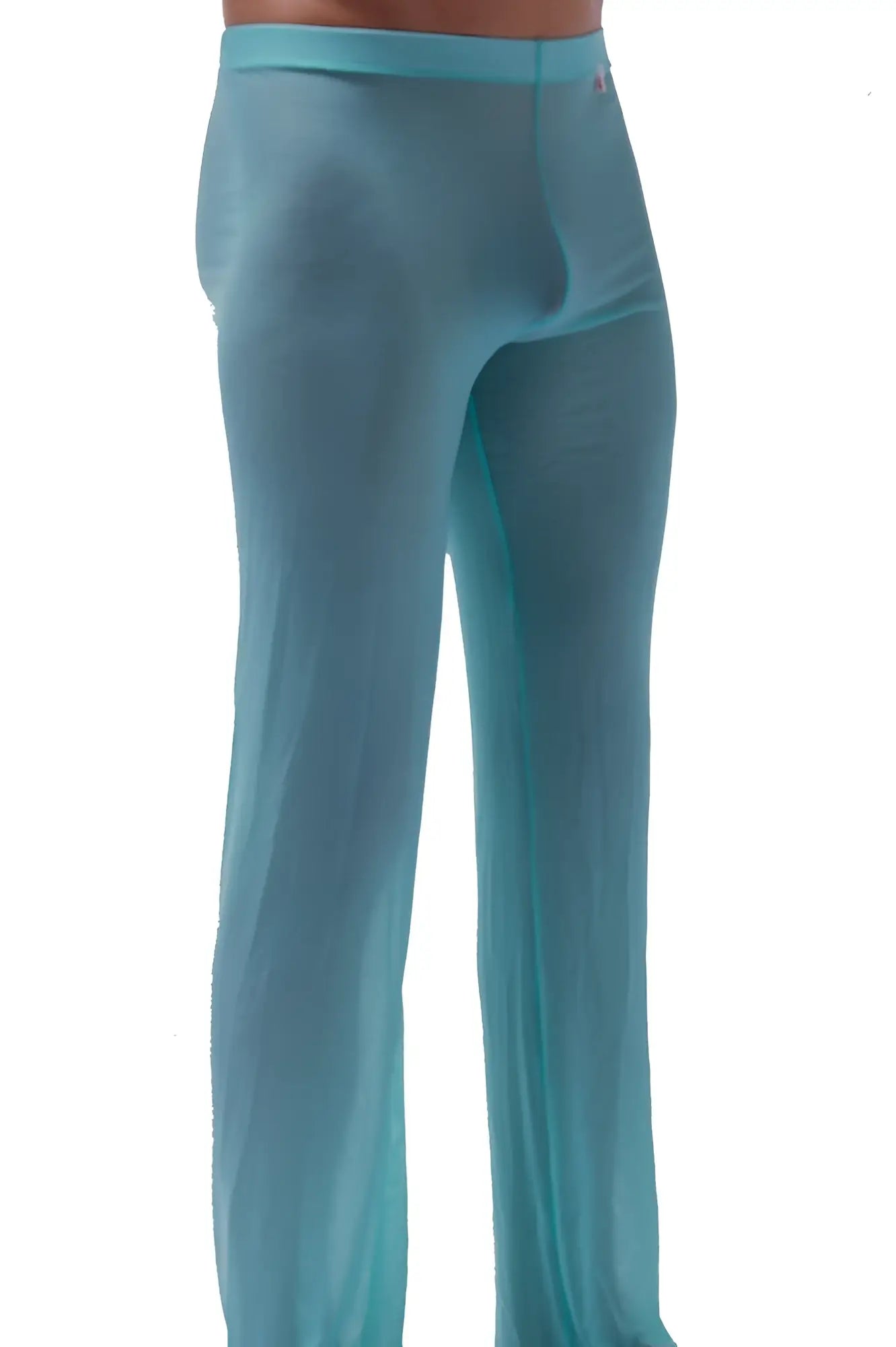 Teal sheer men’s lounge pants with smooth translucent fabric and fitted waistband for comfortable wear
