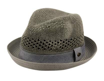 Gray paper straw fedora with woven texture breathable mesh band and dark gray fabric strap in multiple colors collection
