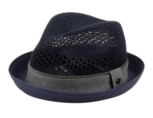 Navy blue paper straw fedora with textured gray fabric band and subtle perforated crown detailing multiple colors