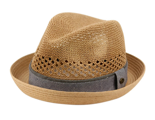 Tan paper straw fedora with gray fabric band and perforated detailing in multiple colors collection