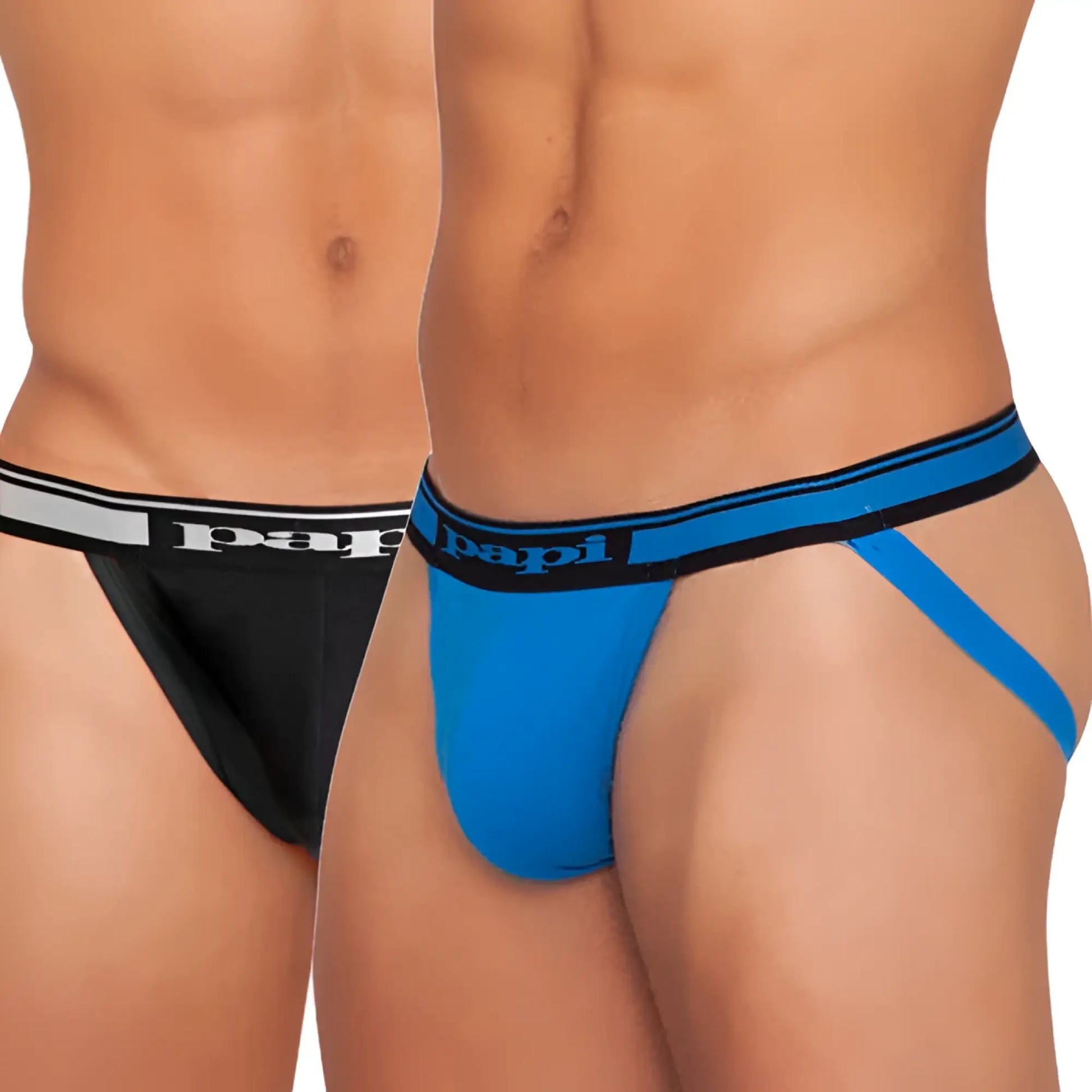 Blue and black papi cotton stretch essentials jockstrap underwear with striped waistband size l pack of two