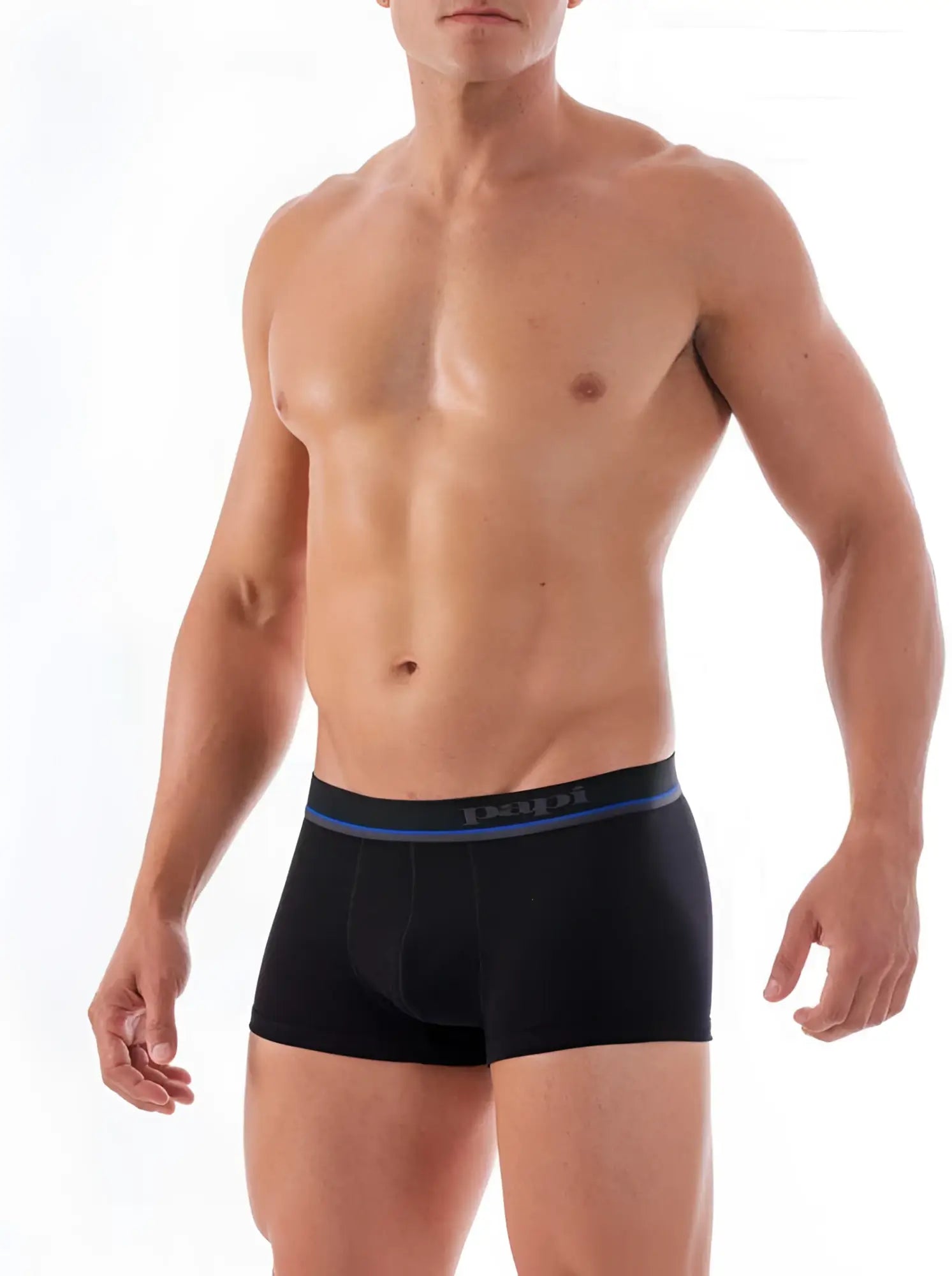 Black papi cotton stretch boxer briefs with navy blue gray elastic waistband and white basic brand name in size s