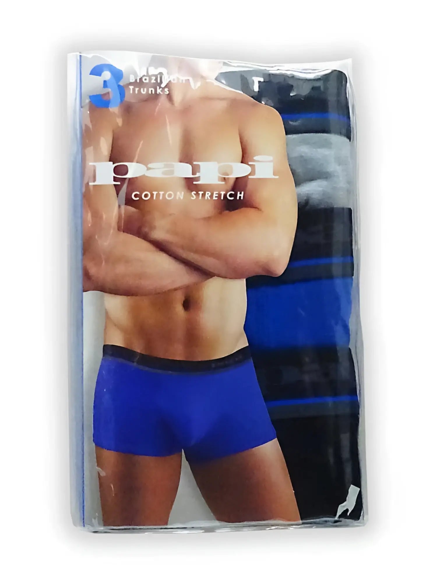 Blue cotton stretch brazilian trunk underwear with black waistband packaged in clear plastic sleeve size s