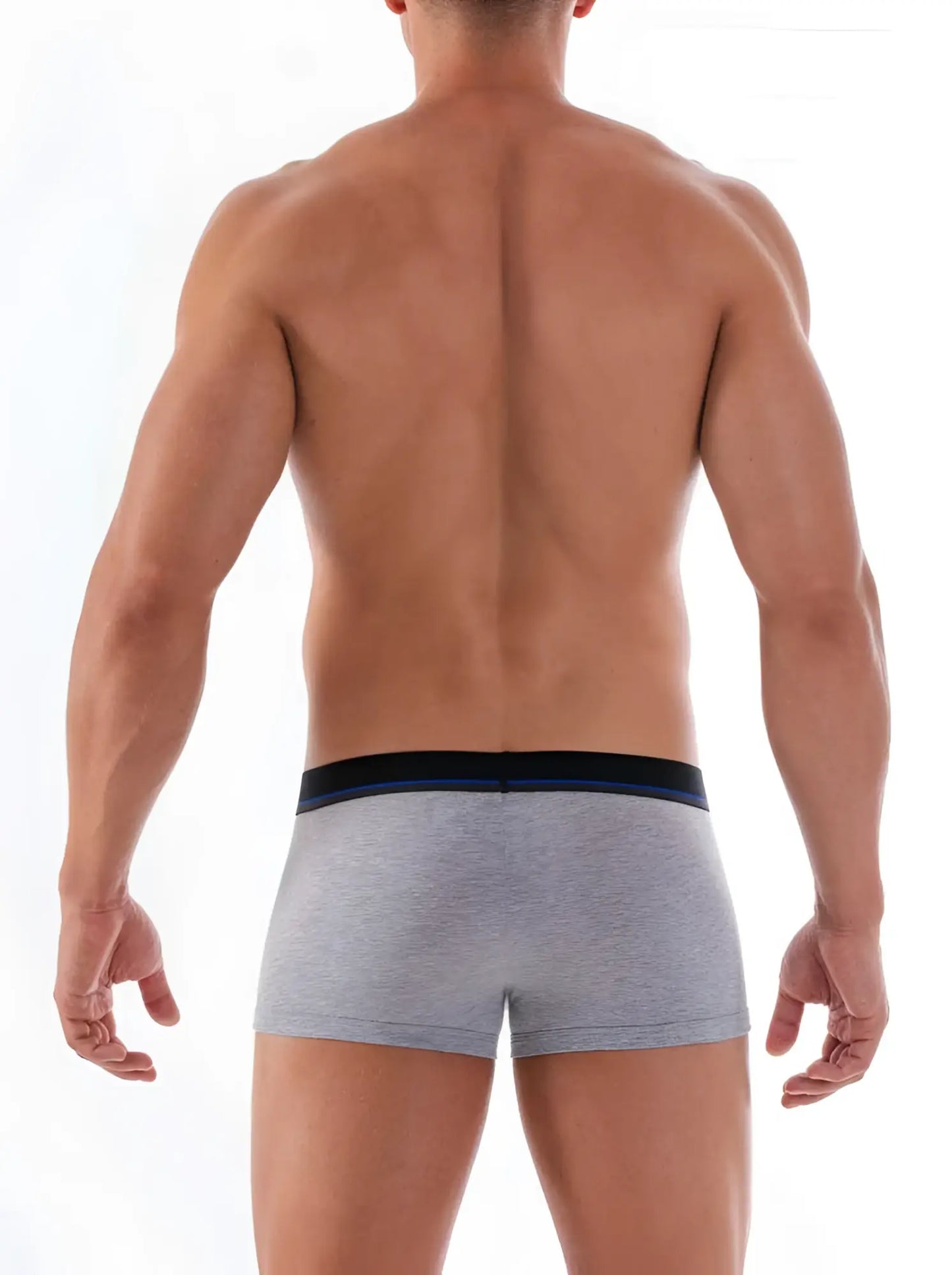 Gray heathered cotton stretch briefs with black waistband and thin blue stripe from Papi 3 pack Brazilian trunks size S
