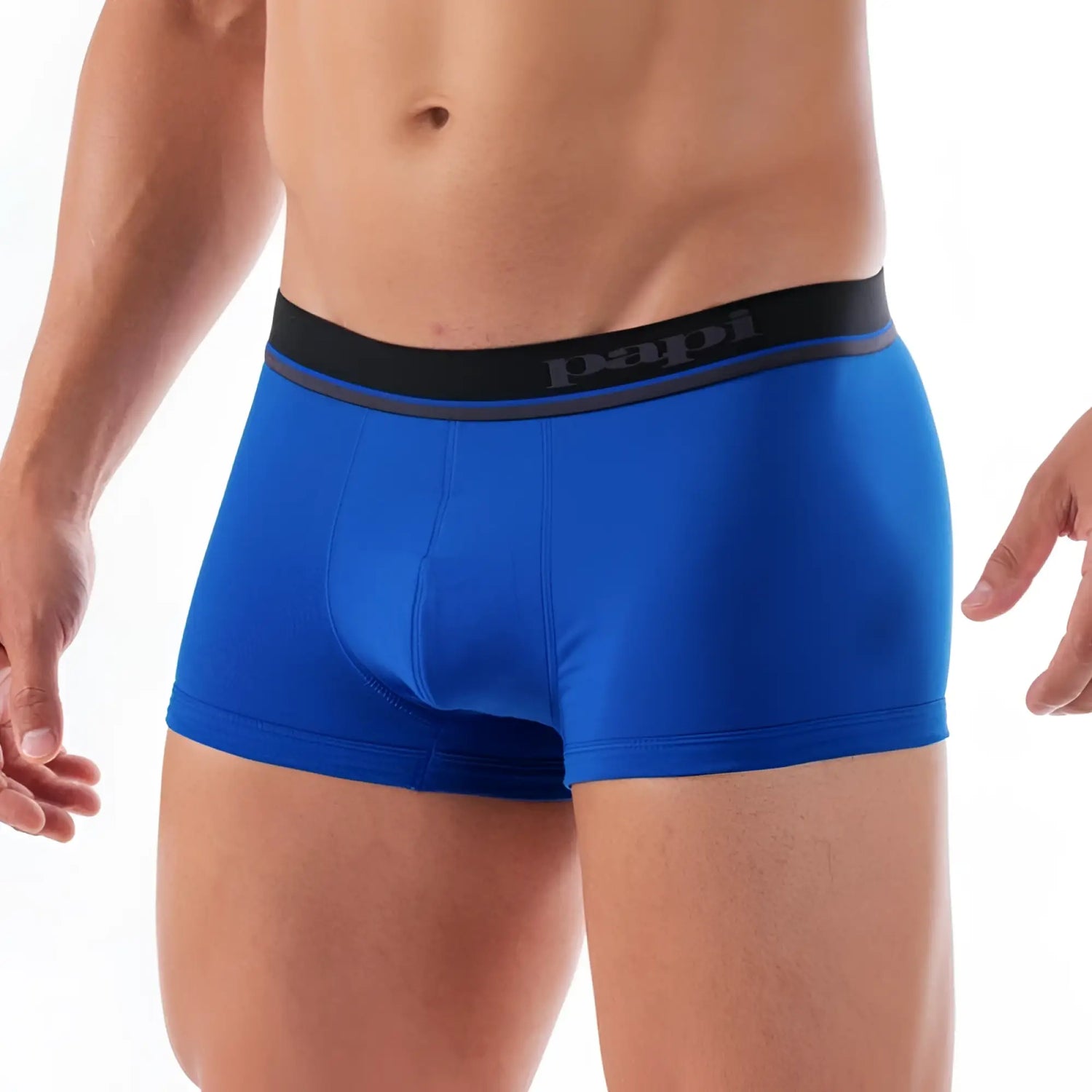 Bright blue papi men’s cotton stretch brazilian trunk briefs with black waistband and gray logo size small
