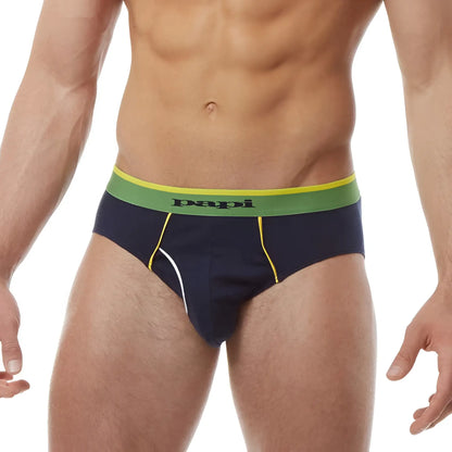 Navy blue papi heritage clasico hip briefs with green waistband and yellow stitching in medium size