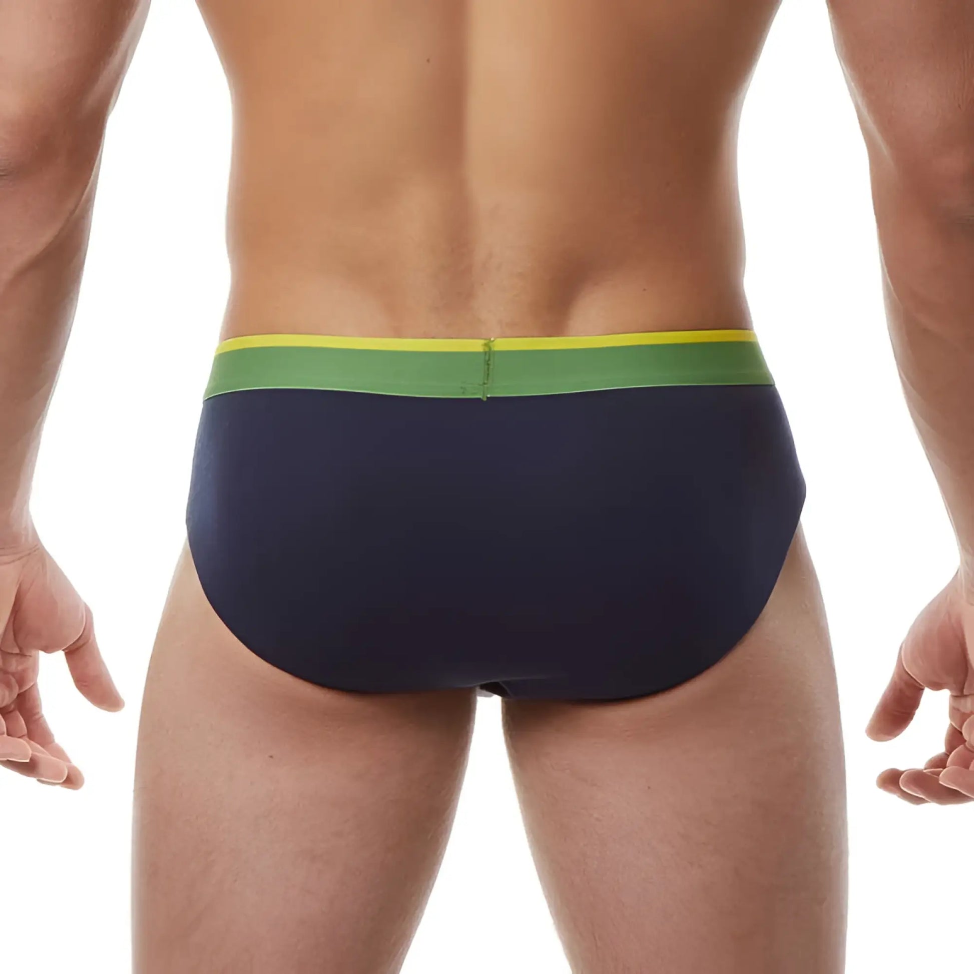 Navy blue swim trunks with green and yellow striped waistband from papi heritage clasico hip brief 3 pack size m