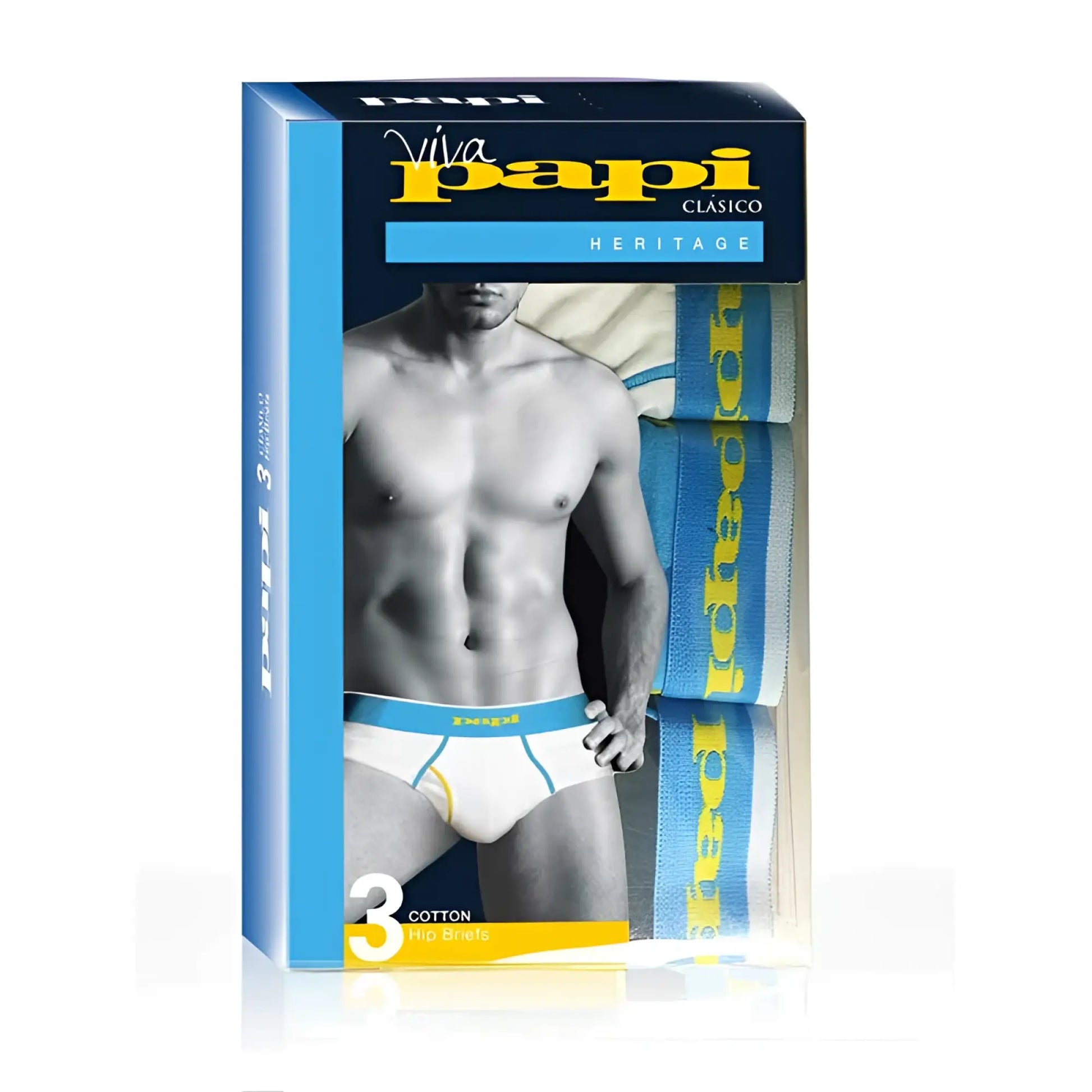 Blue and white cotton briefs with yellow branding packaged in a viva papi clásico heritage box size medium