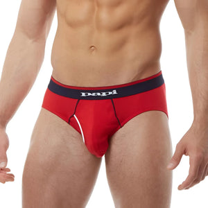 Red papi briefs with navy blue waistband and white stitching in papi heritage clasico hip brief underwear size m