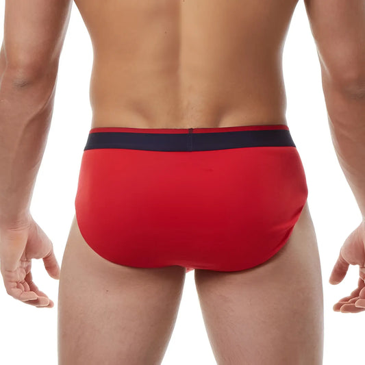 Red men’s briefs with a navy blue waistband from papi heritage clasico hip brief underwear 3 pack size m