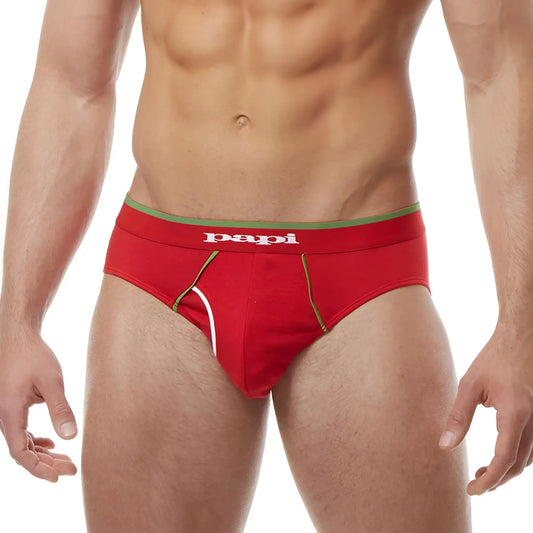 Red papi briefs with green and white trim from papi heritage clasico hip brief underwear 3 pack in size m