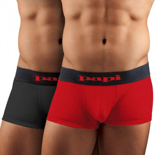 [2 Pack] Papi Cool Solid Brazilian Trunk Microfiber Boxer Brief Underwear Black+Red 626161 Size M