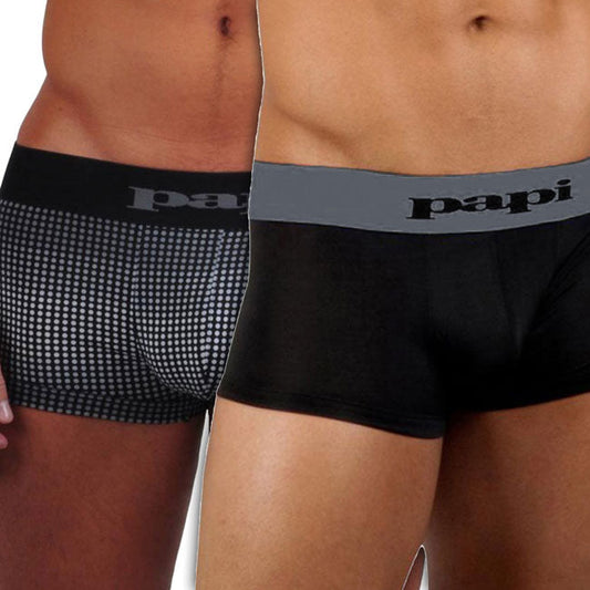 [2 Pack] Papi Ombre Dot/Solid Brazilian Trunk Microfiber Boxer Brief Underwear Black+Grey 626168 Size XL