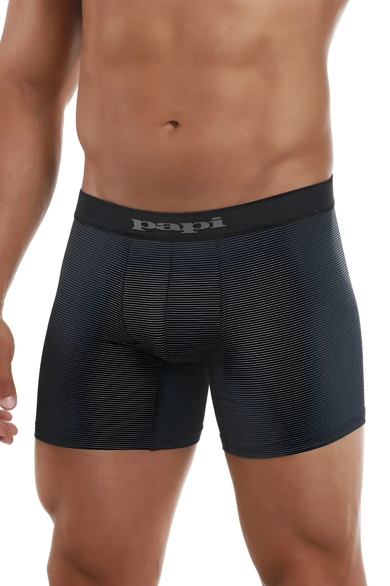 Black papi boxer briefs with a subtle textured pattern and matching elastic waistband in black and gray colors