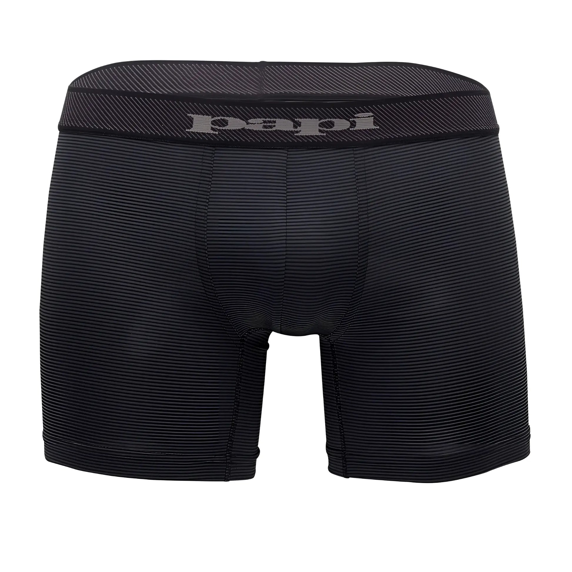 Black papi boxer briefs with subtle striped texture and elastic waistband in black and gray solid colors