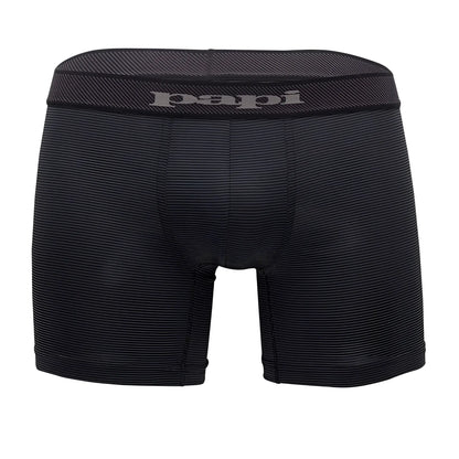 Black papi boxer briefs with subtle striped texture and elastic waistband in black and gray solid colors