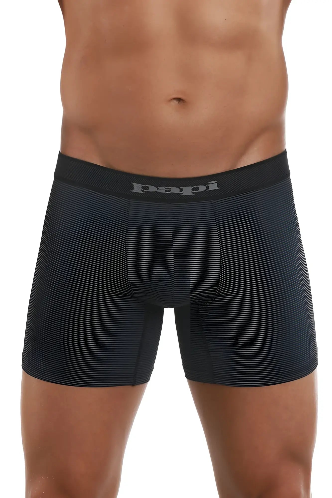 Black papi boxer briefs with ribbed fabric and matching elastic waistband in black and gray colors