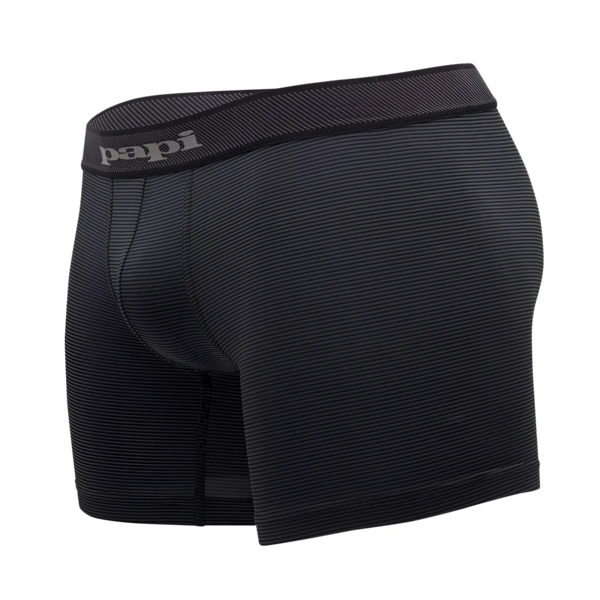 Black papi mens boxer briefs in black with ribbed fabric and subtle gray branding on the waistband