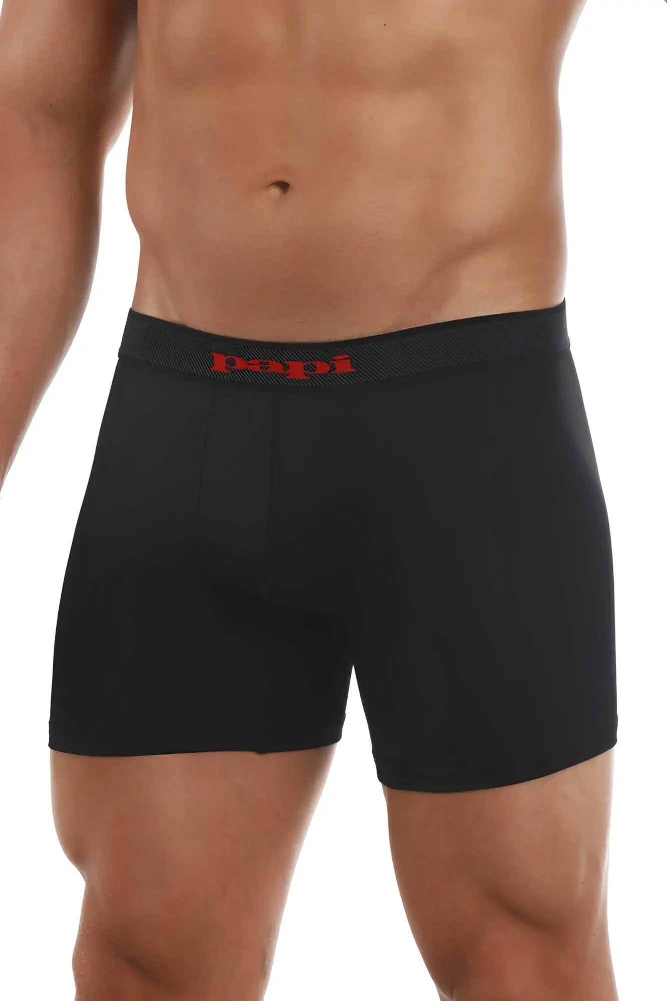Black men’s boxer briefs with a red papi logo waistband from Papi 626185-982 Cool2 2PK solid boxer briefs black-red