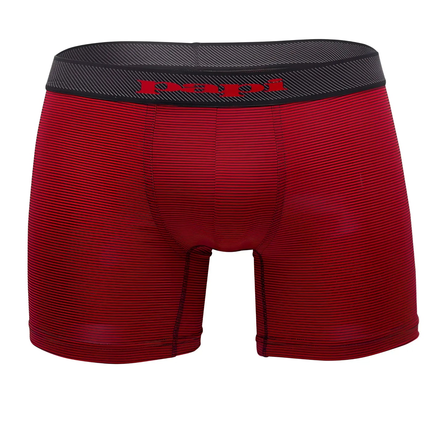 Red striped men’s boxer briefs with black elastic waistband branded papi in red lettering from cool2 2pk collection