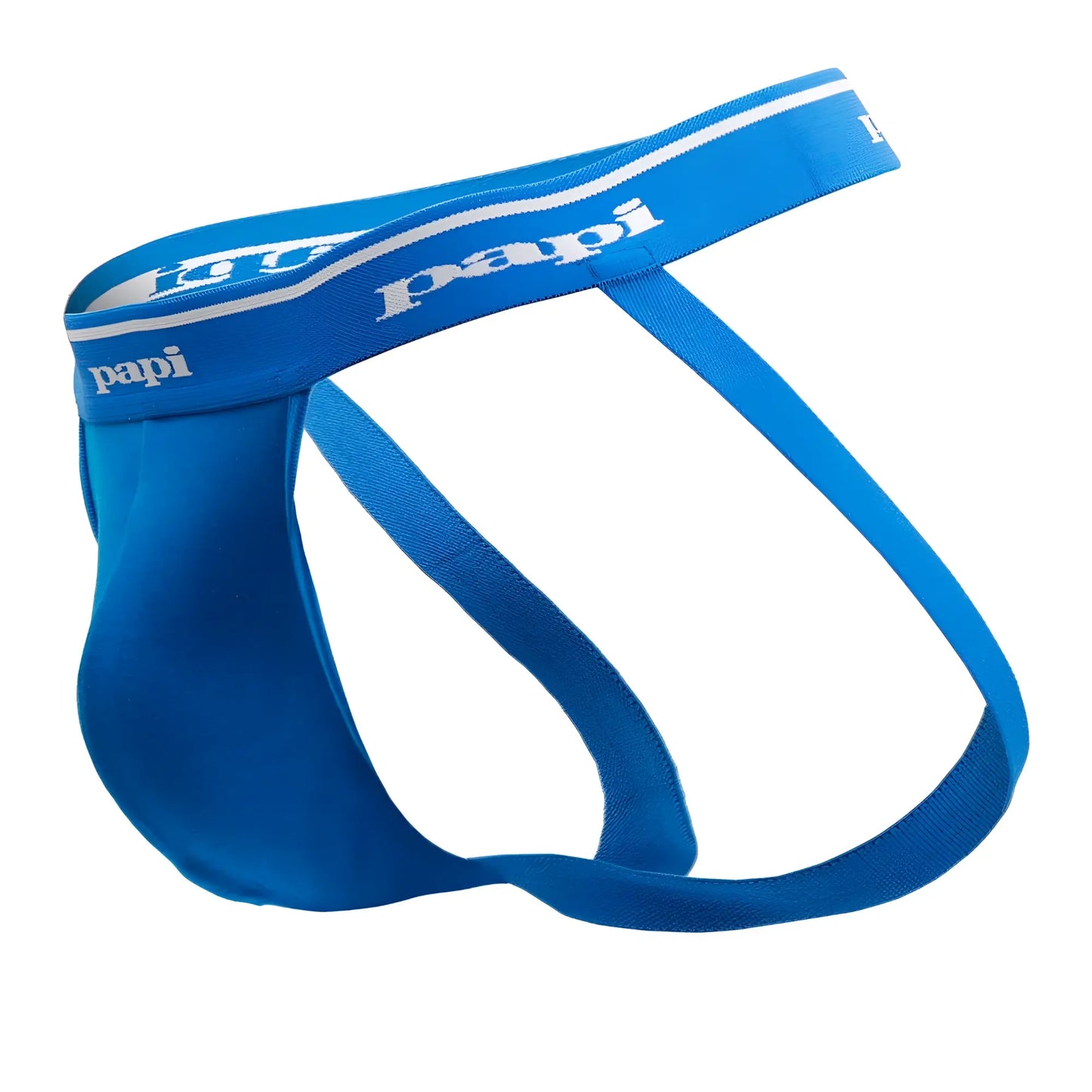 Bright blue Papi 705910-999 1x1 rib jockstrap with white logo and trim in black red turquoise colors