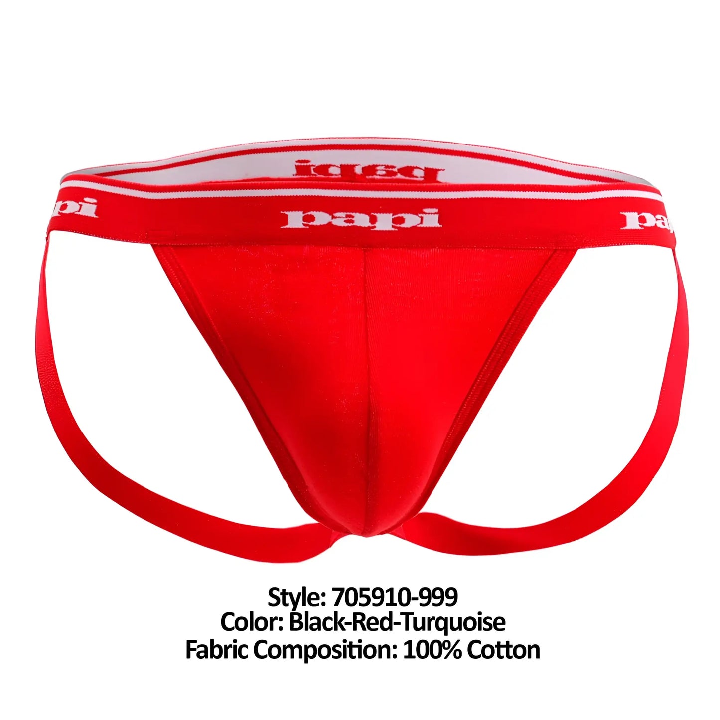 Red cotton briefs with black and turquoise trim featuring papi logo on waistband from Papi 705910-999 3PK jockstrap set