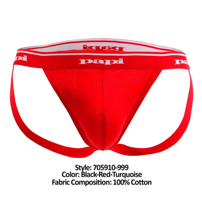Red cotton briefs with black and turquoise trim featuring papi logo on waistband from Papi 705910-999 3PK jockstrap set