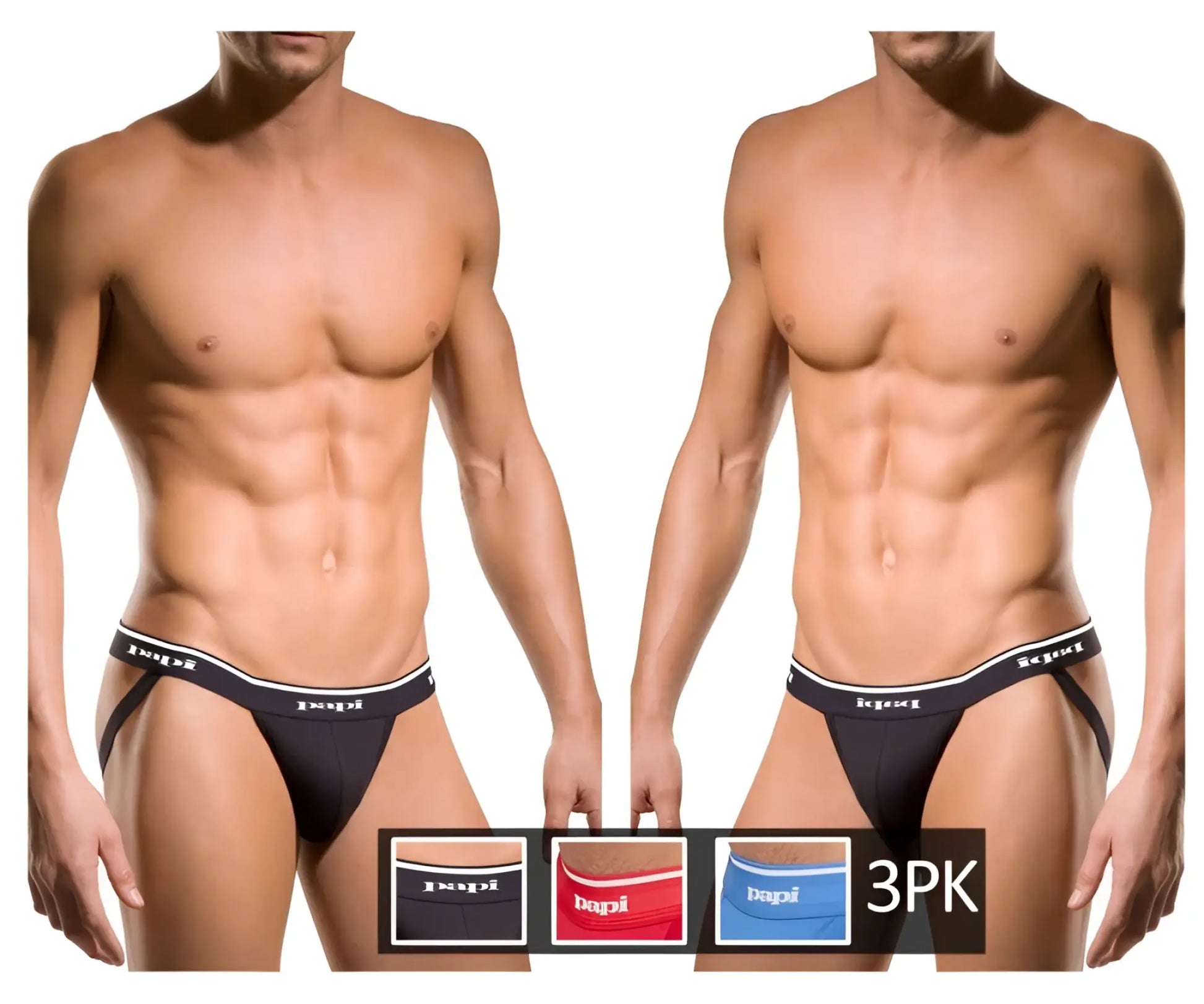 Black jeggings with white trim and papi branding on the waistband from the papi 705910-999 3pk rib jockstrap set
