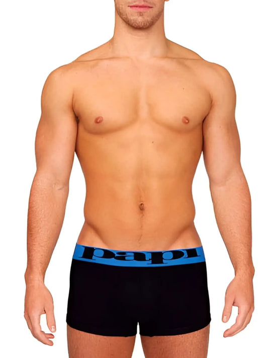 Black papi brazilian trunk underwear with blue elastic waistband featuring dapper brand name in white size m