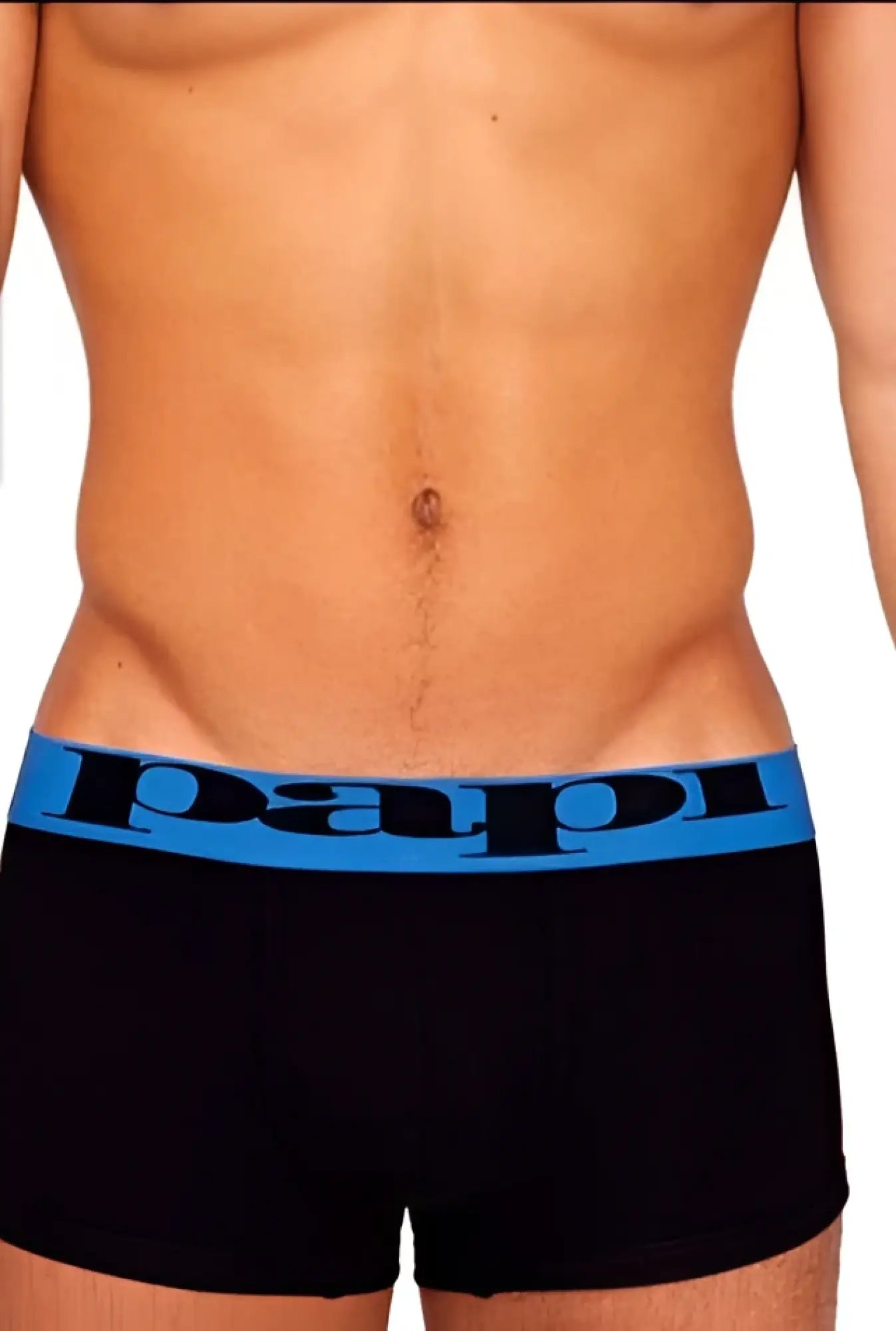 Black papi brazilian trunk underwear with bold blue elastic waistband featuring pap logo in black size m