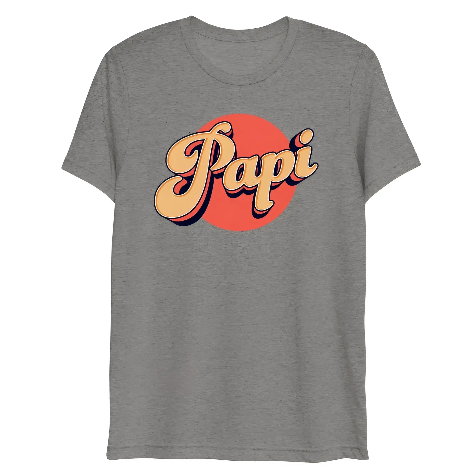 Gray heathered t-shirt featuring a bold retro-style papi graphic in beige and black on an orange circular background